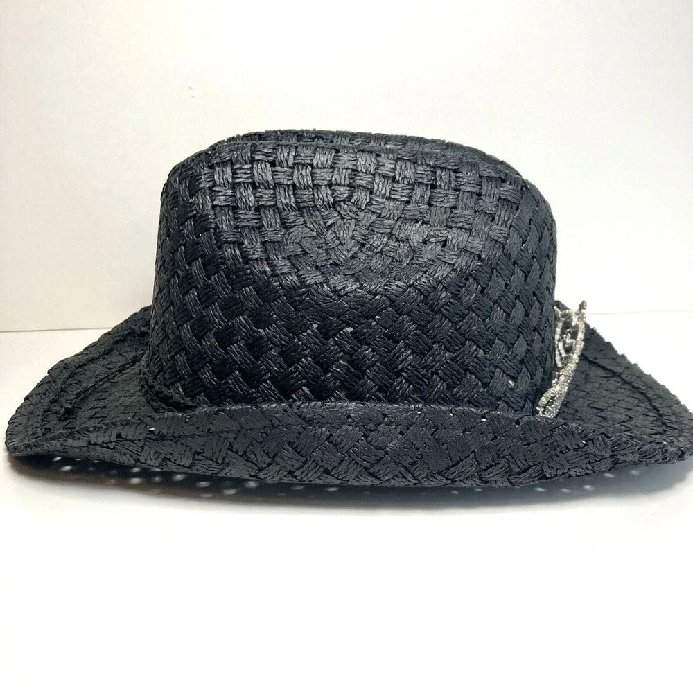 Black Straw Girls Rodeo Cowboy Hat W/ Tiara Elastic Band Inside Comfort Fit